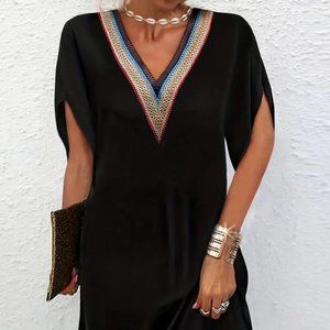 Guipure Lace Trim Dress, Casual V Neck Short Sleeve Dress, Women's Clothing